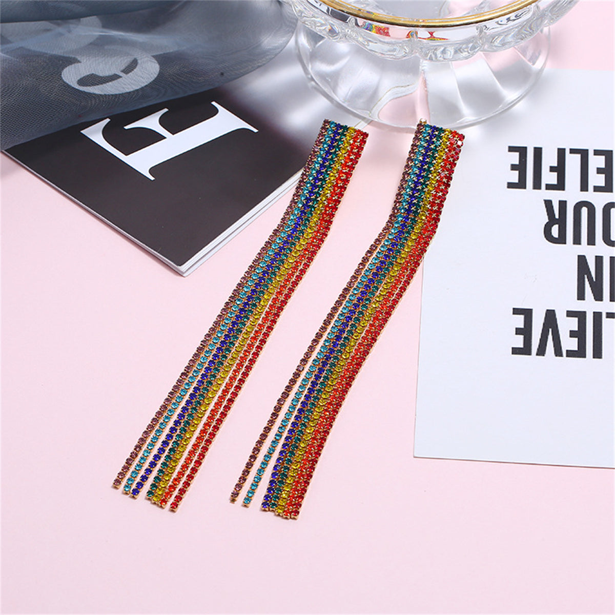 Cubic Zirconia and 18K Gold-Plated Rainbow Stripe Drop Earrings, gold drop earrings for women, detail close-up