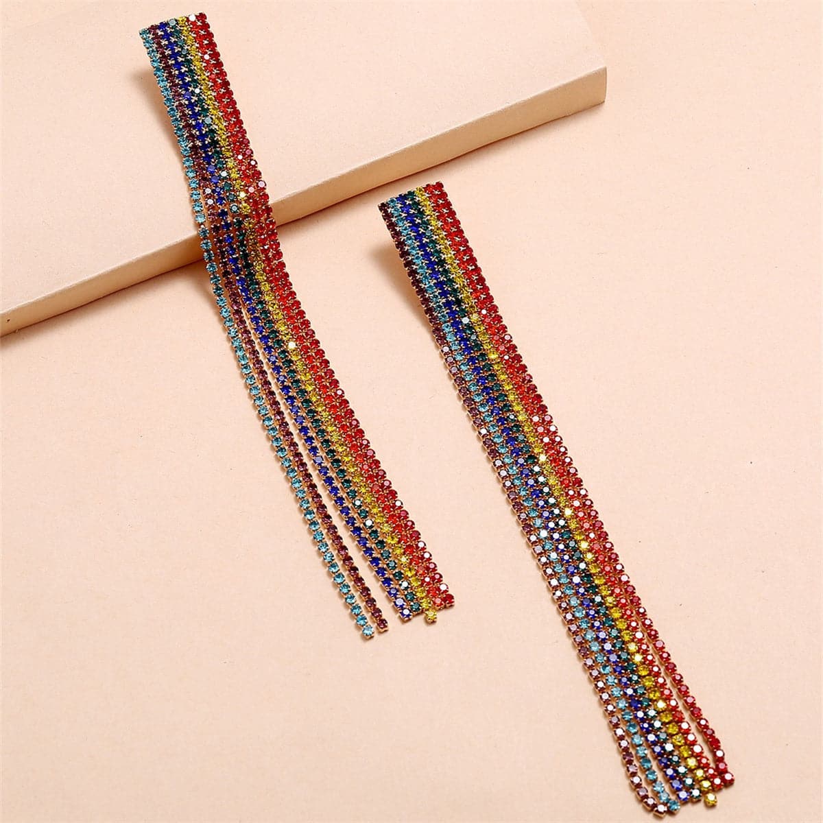 Cubic Zirconia and 18K Gold-Plated Rainbow Stripe Drop Earrings, gold drop earrings for women, front view