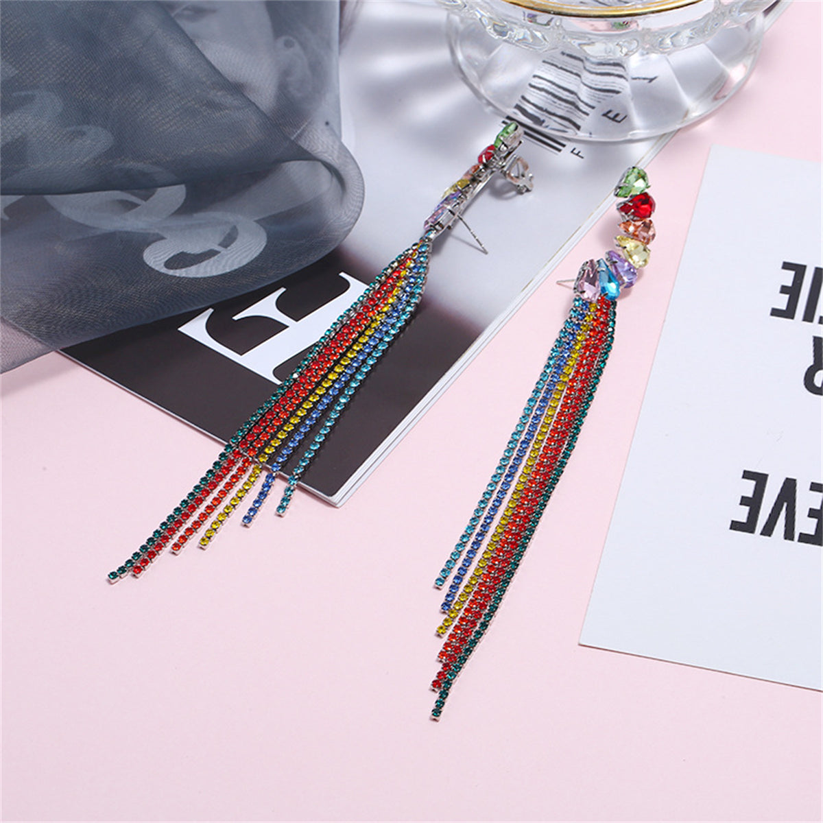 Cubic Zirconia and Crystal Cluster Tassel Drop Earrings, drop earrings for women, vintage-inspired design, detail close-up