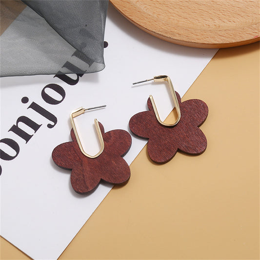 Coffee Wood and 18K Gold-Plated Flower Huggie Earrings, gold huggie earrings, everyday style, front view