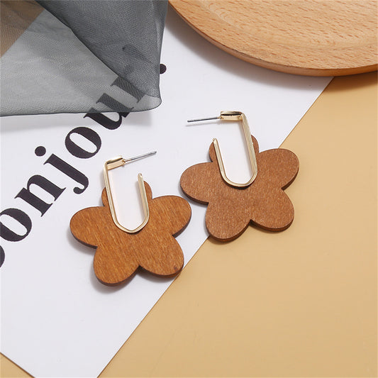 Champagne Wood and 18K Gold-Plated Flower Huggie Earrings, gold huggie earrings, everyday style, front view