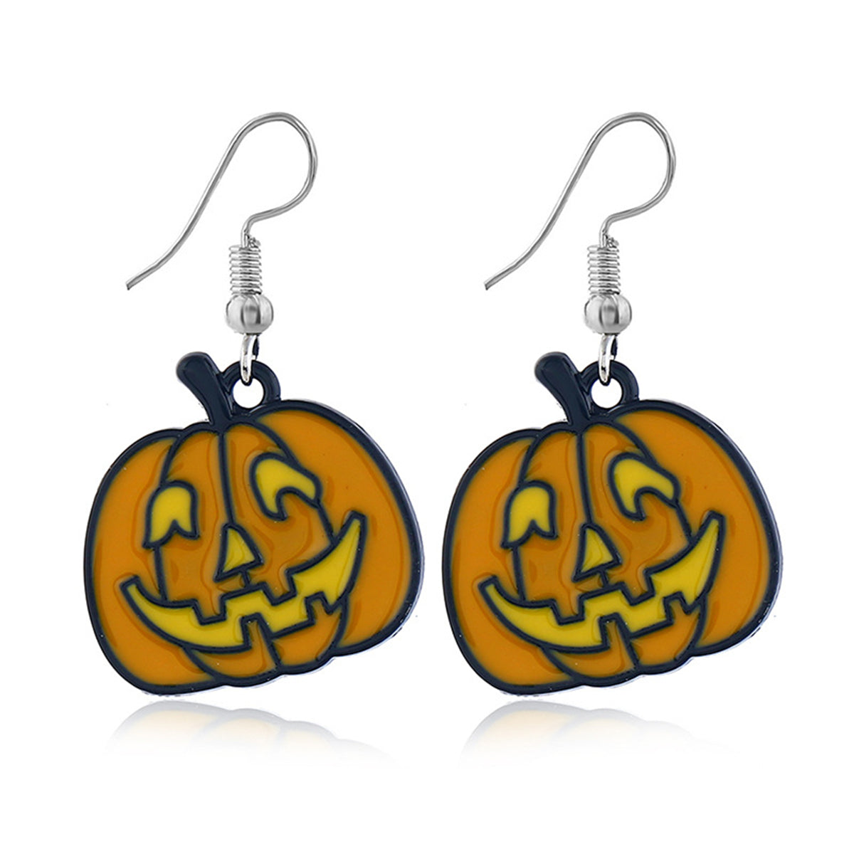 Orange Enamel and Silver-Plated Jack-O'-Lantern Drop Earrings, silver drop earrings for women, everyday style, front view