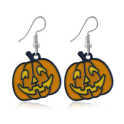 Orange Enamel and Silver-Plated Jack-O'-Lantern Drop Earrings, silver drop earrings for women, everyday style, front view