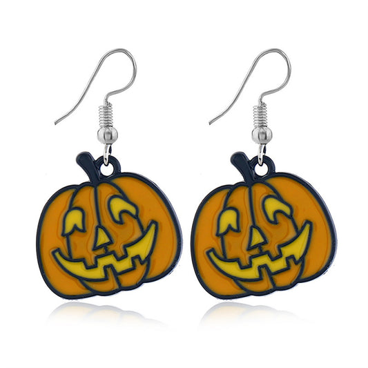 Orange Enamel and Silver-Plated Jack-O'-Lantern Drop Earrings, silver drop earrings for women, everyday style, front view