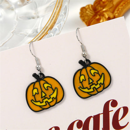 Orange Enamel and Silver-Plated Jack-O'-Lantern Drop Earrings, silver drop earrings for women, detail close-up