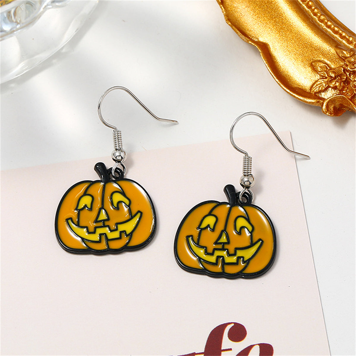 Orange Enamel & Silver-Plated Jack-O'-Lantern Drop Earrings