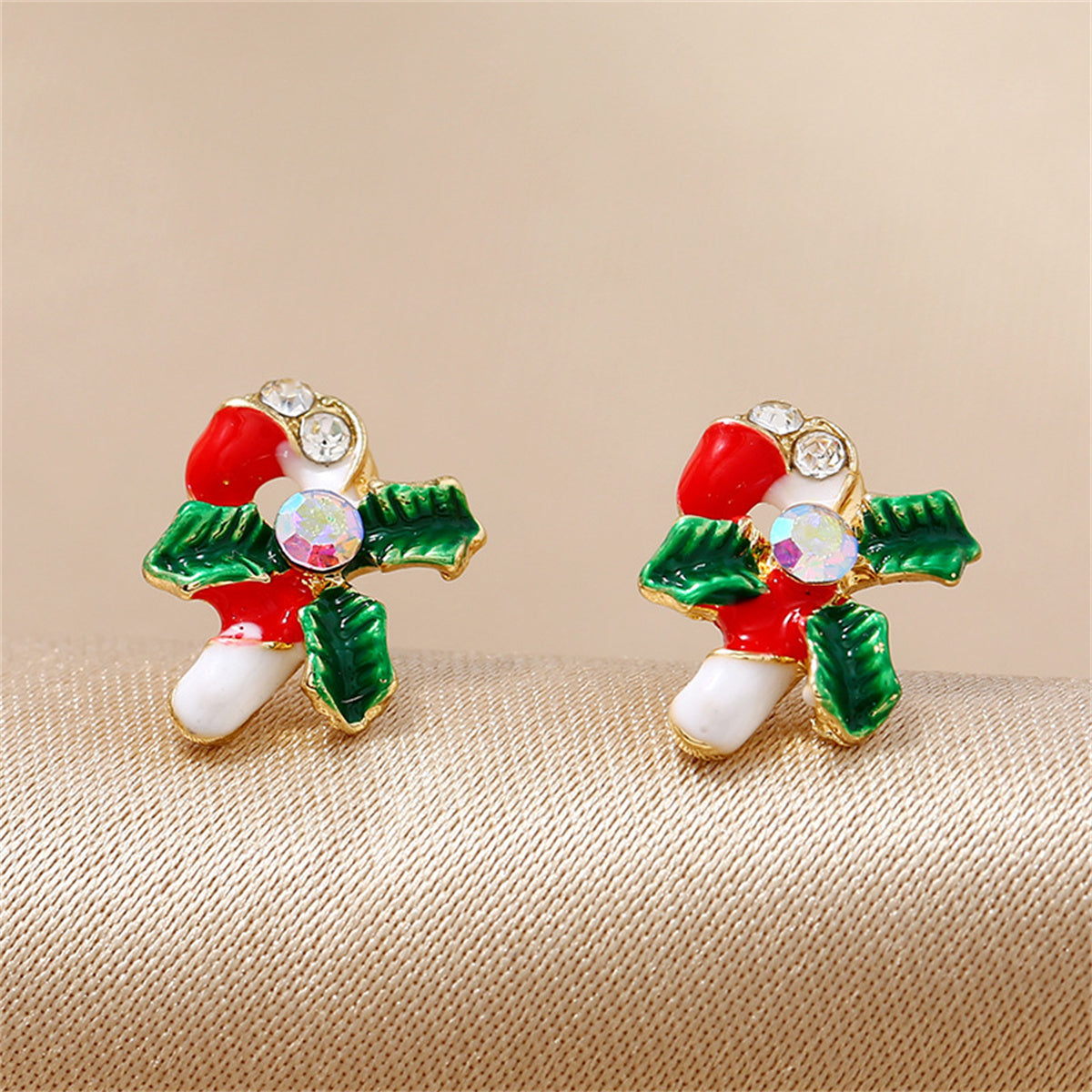 Cubic Zirconia & 18K Gold-Plated Christmas Crutch Stud Earrings