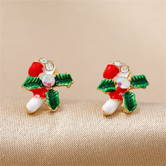 Cubic Zirconia & 18K Gold-Plated Christmas Crutch Stud Earrings