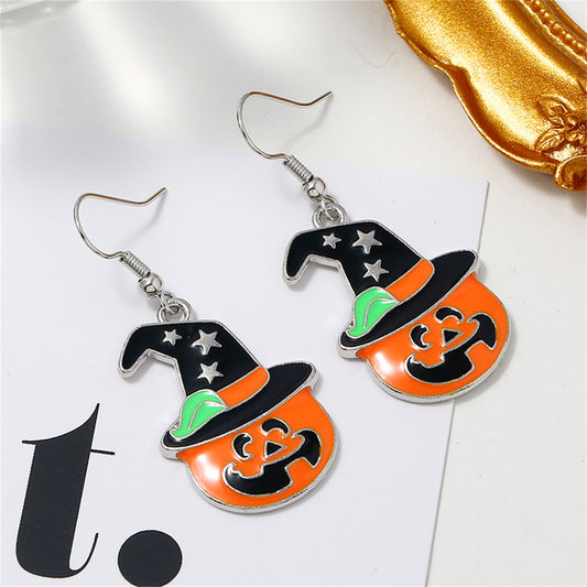 Orange Enamel and Silver-Plated Jack-O'-Lantern Hat Drop Earrings, silver drop earrings for women, front view