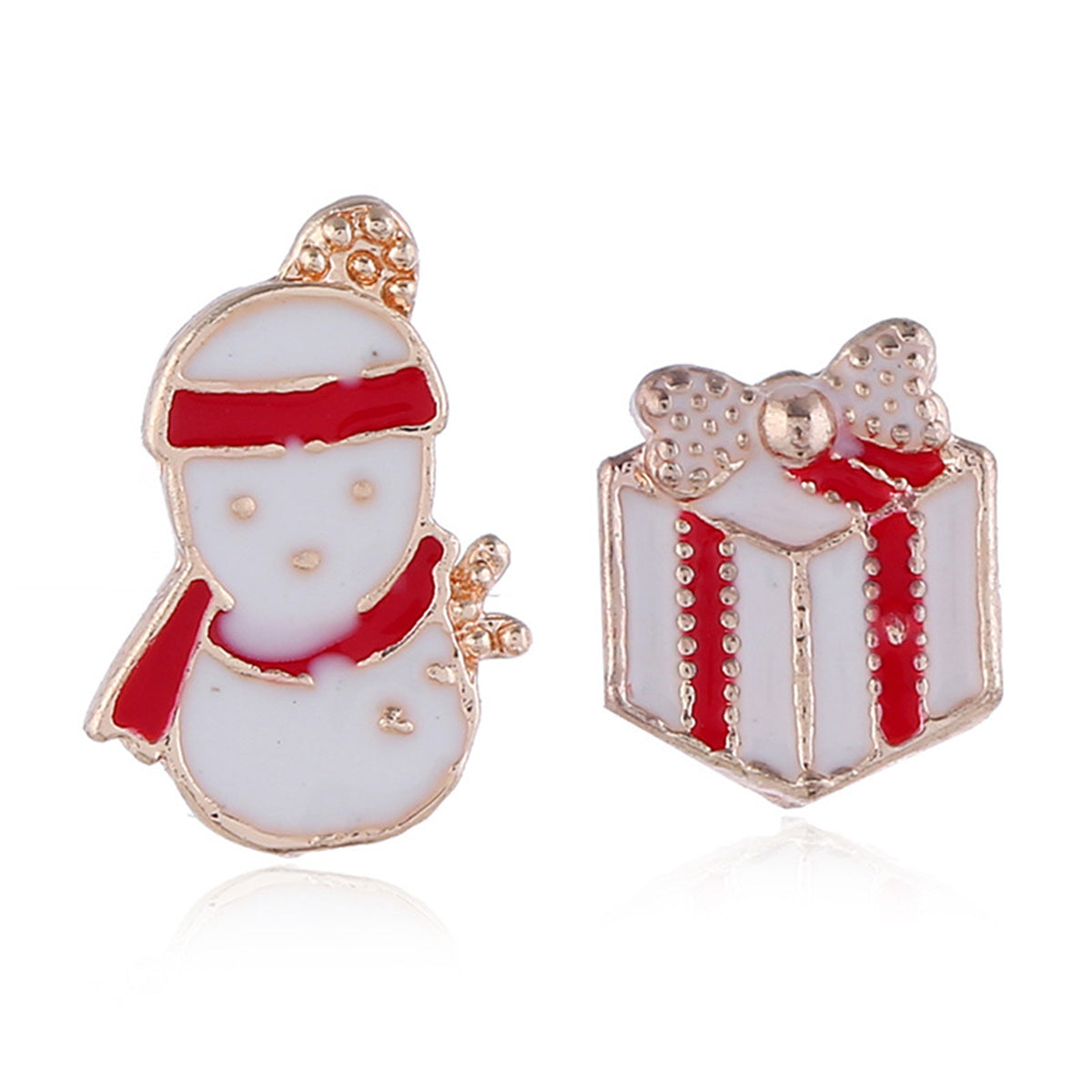 Red and White Enamel Milgrain Gift Snowman Mismatched Stud Earrings, stud earrings for women, front view