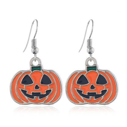 Orange Enamel and Silver-Plated Smiling Jack-O'-Lantern Drop Earrings, silver drop earrings for women, front view
