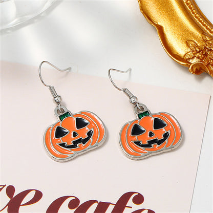 Orange Enamel and Silver-Plated Smiling Jack-O'-Lantern Drop Earrings, silver drop earrings for women, detail close-up