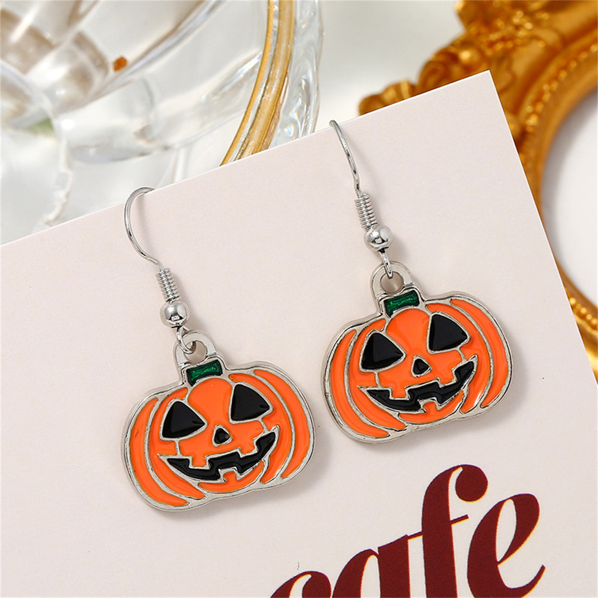 Orange Enamel and Silver-Plated Smiling Jack-O'-Lantern Drop Earrings, silver drop earrings for women, side view