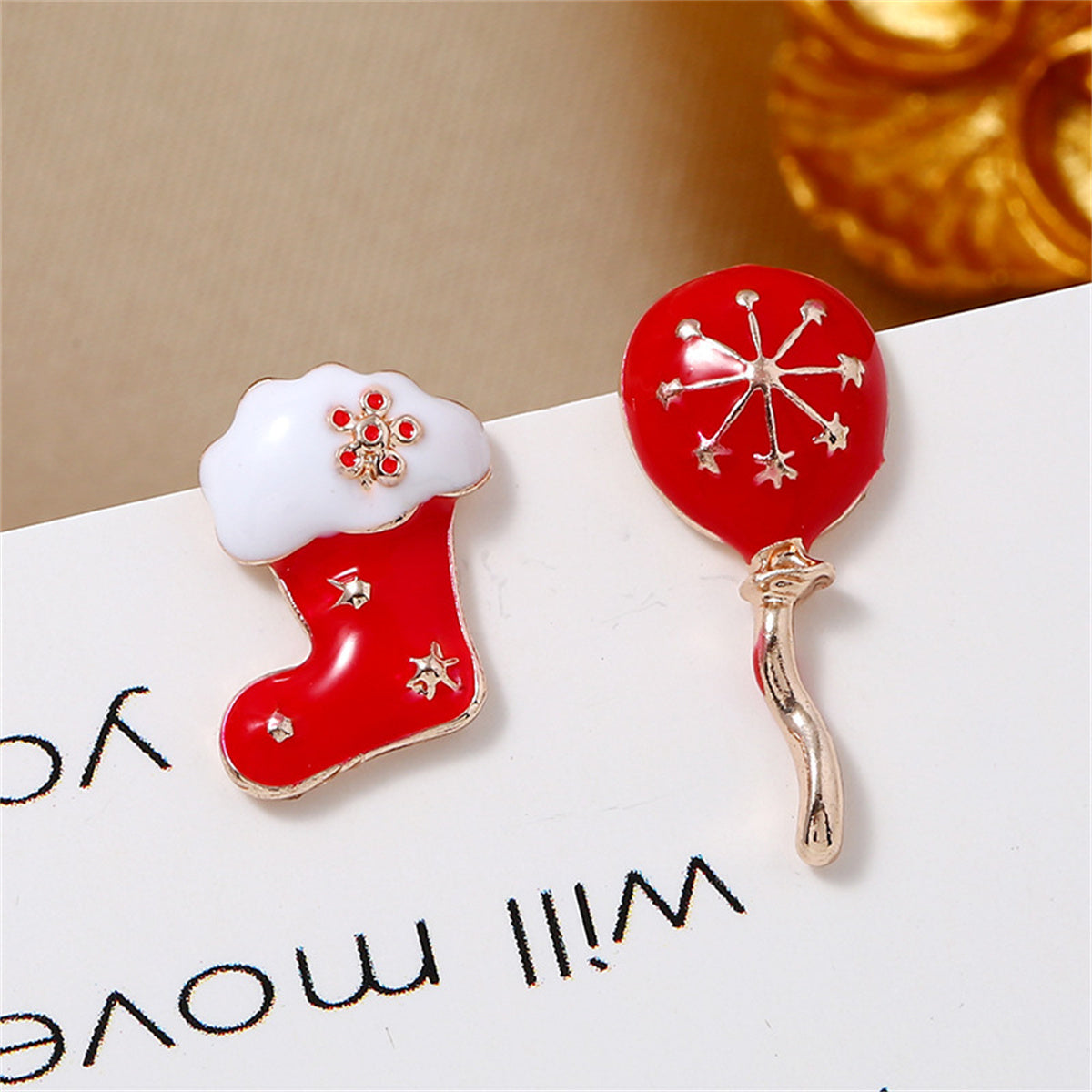 Red Enamel and 18K Gold-Plated Boot and Balloon Stud Earrings, gold stud earrings for women, side view