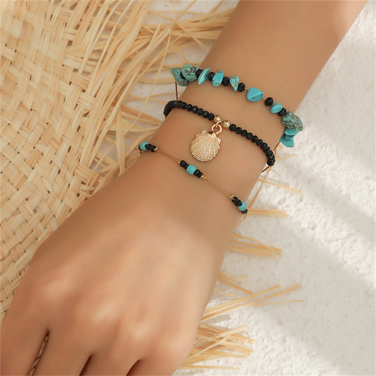 Turquoise and Acrylic Three-Piece Charm Bracelet Set, bracelet for women, elegant gift for her, front view