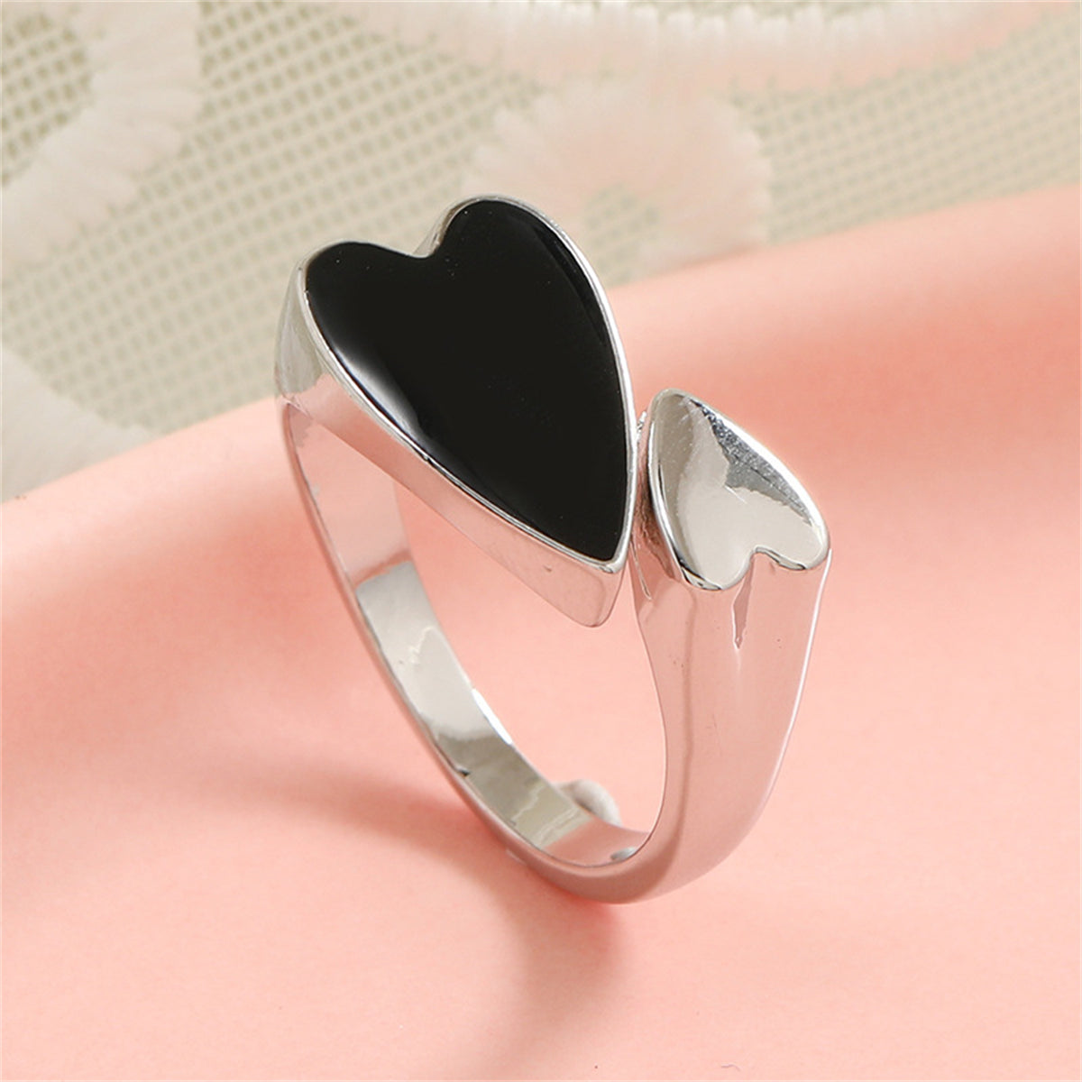 Black Enamel and Silver-Plated Heart Bypass Ring, silver statement rings for women, vintage-inspired design, side view