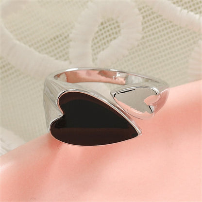 Black Enamel and Silver-Plated Heart Bypass Ring, silver statement rings for women, vintage-inspired design, front view