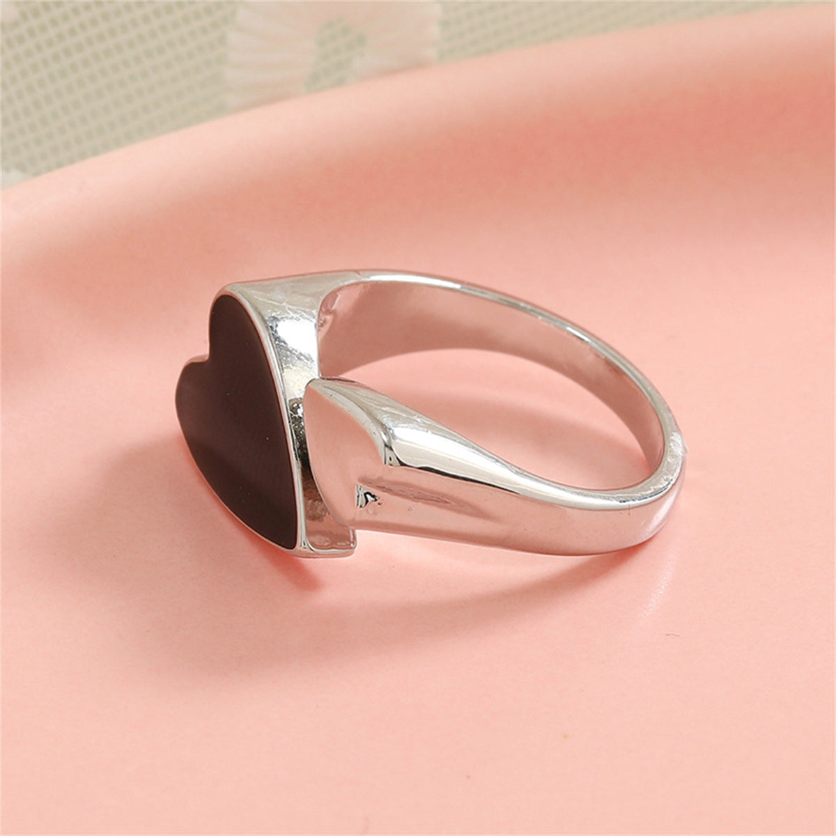 Black Enamel & Silver-Plated Heart Bypass Ring