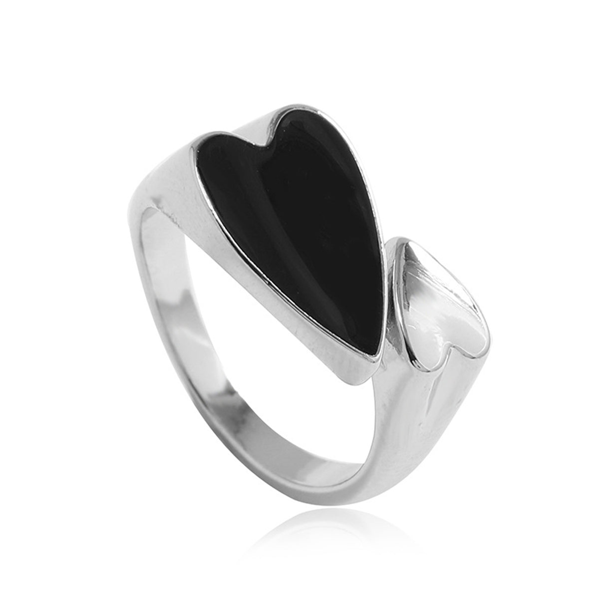Black Enamel and Silver-Plated Heart Bypass Ring, silver statement rings for women, vintage-inspired design, detail close-up