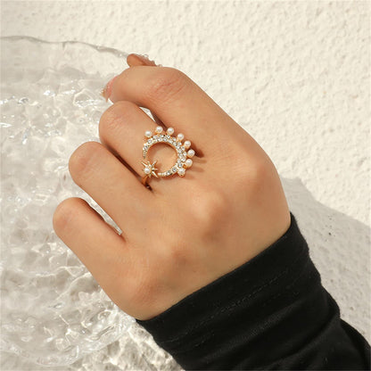 Pearl and Cubic Zirconia Celestial Open Ring, statement rings for women, botanical inspired, front view