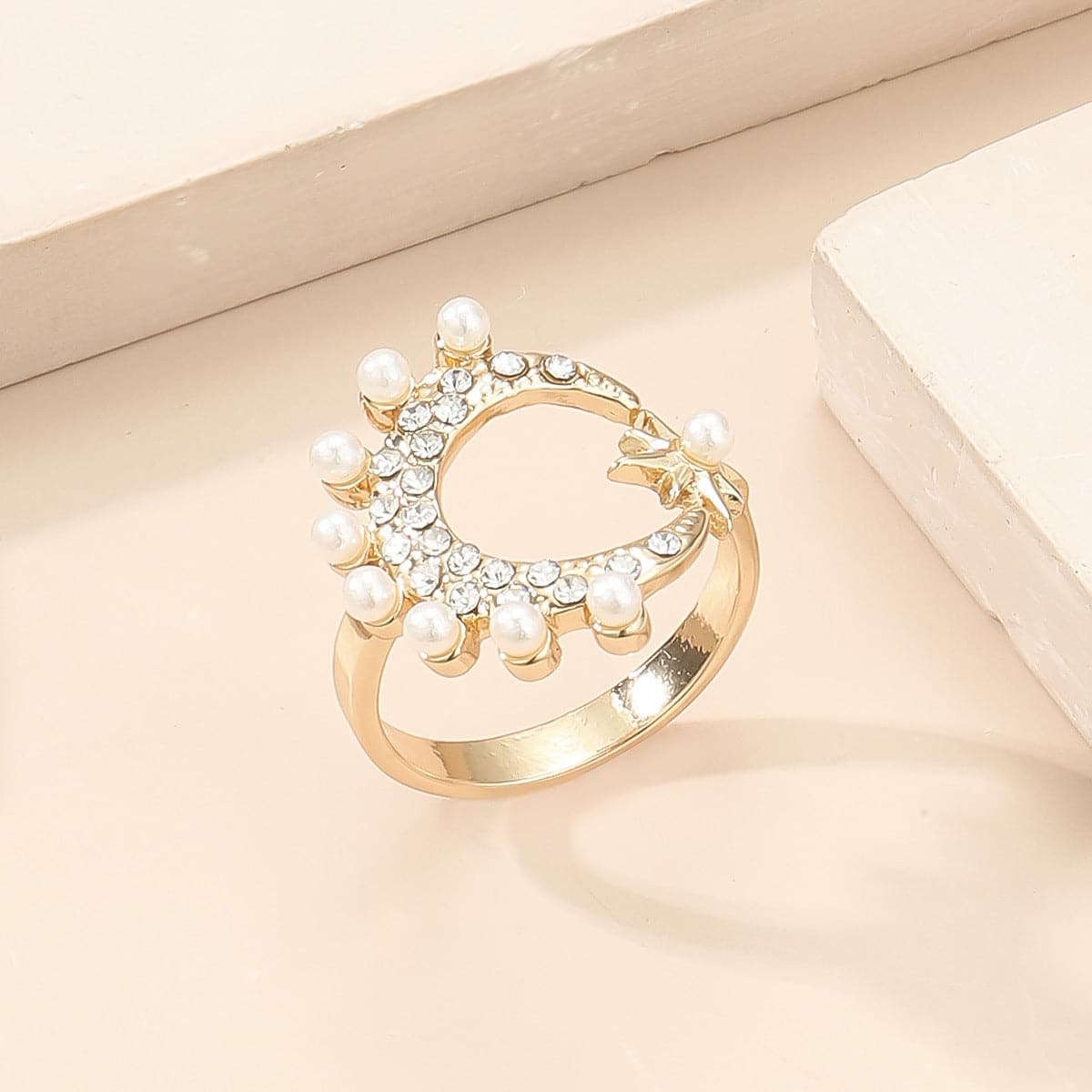 Pearl and Cubic Zirconia Celestial Open Ring, statement rings for women, botanical inspired, side view