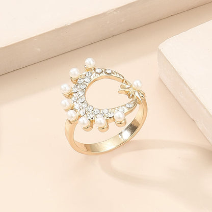 Pearl and Cubic Zirconia Celestial Open Ring, statement rings for women, botanical inspired, side view
