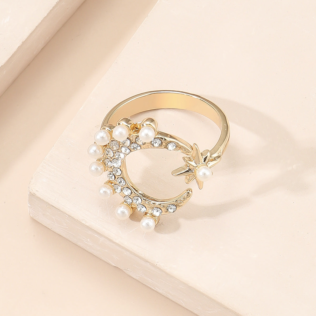 Pearl and Cubic Zirconia Celestial Open Ring, statement rings for women, botanical inspired, detail close-up