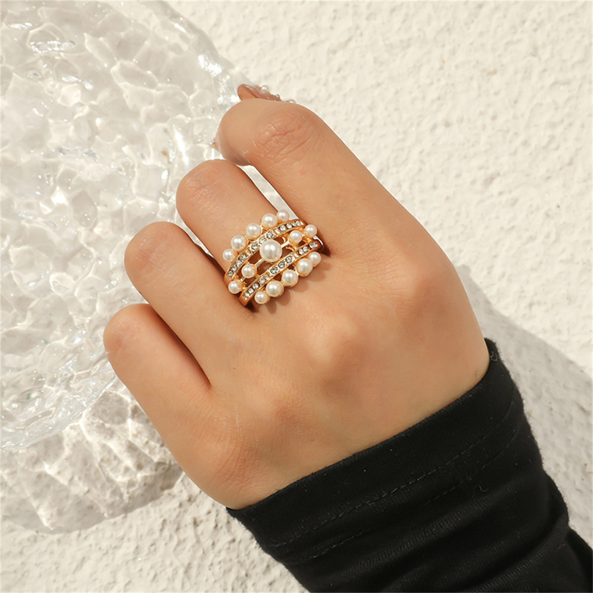 Pearl and Cubic Zirconia 18K Gold-Plated Open Ring, gold statement rings for women, everyday style, front view