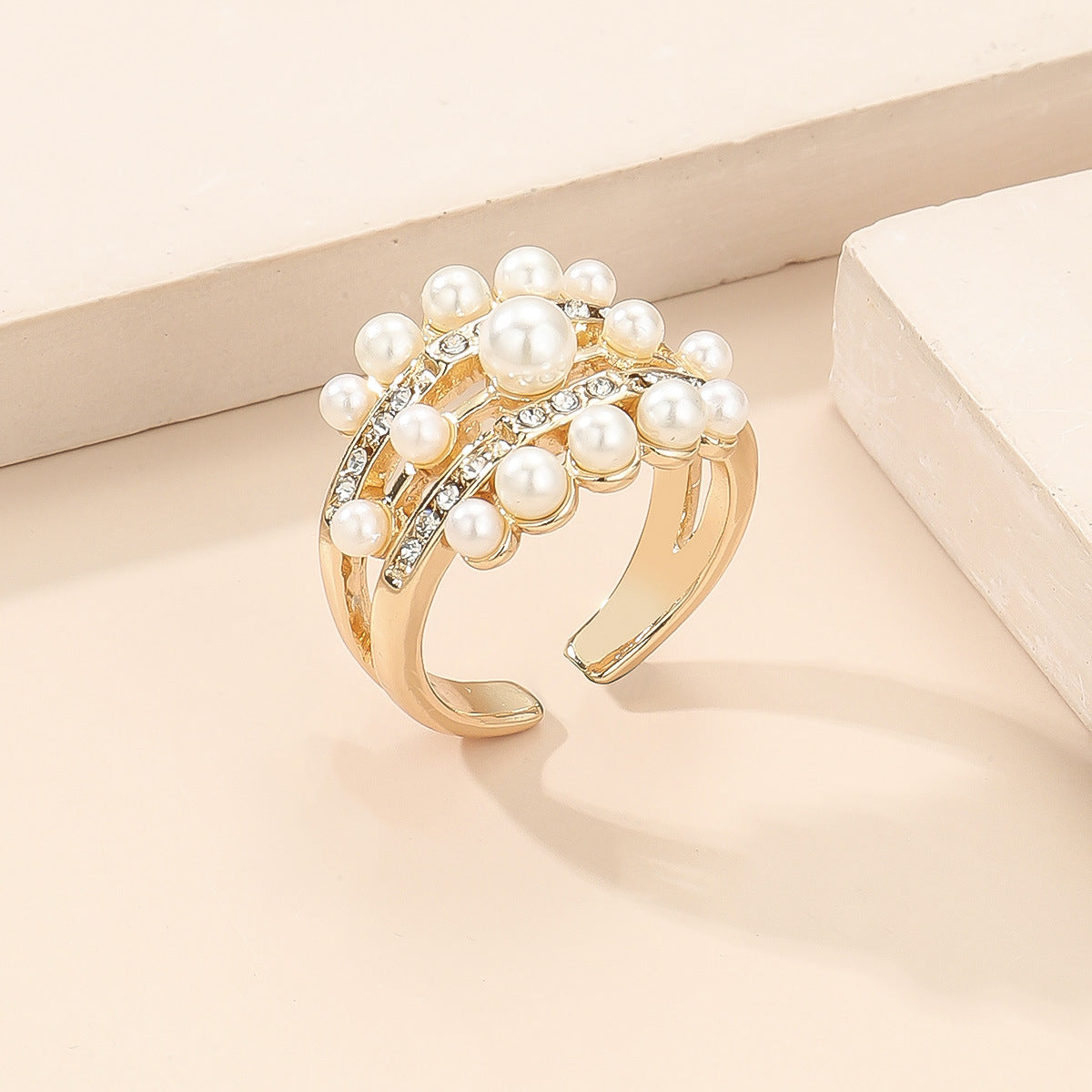 Pearl and Cubic Zirconia 18K Gold-Plated Open Ring, gold statement rings for women, everyday style, detail close-up
