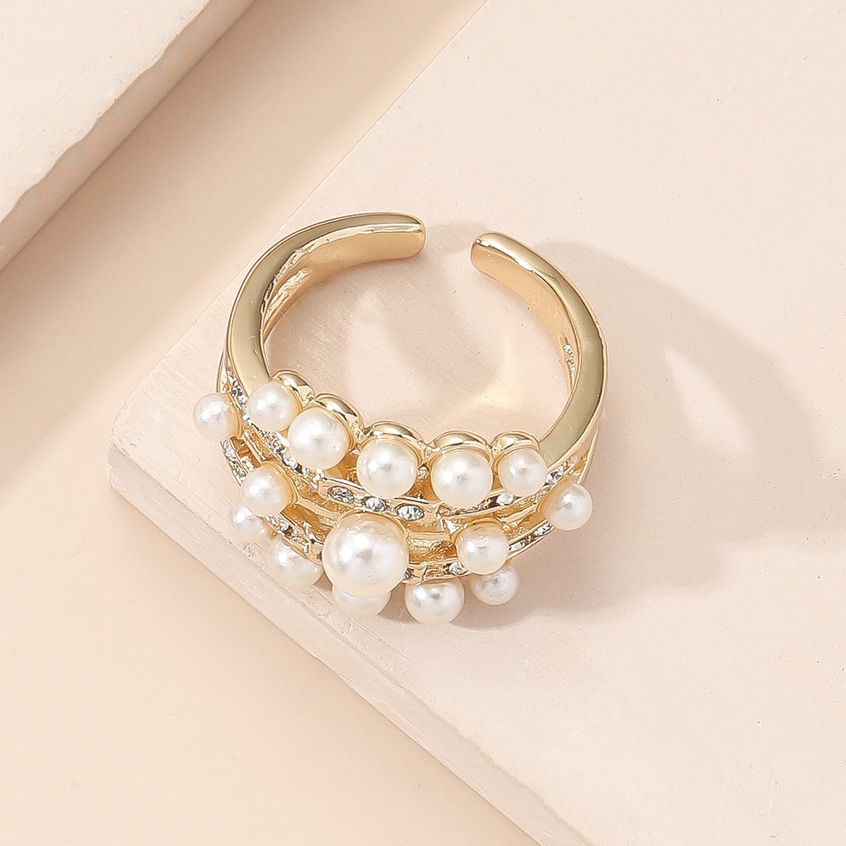 Pearl and Cubic Zirconia 18K Gold-Plated Open Ring, gold statement rings for women, everyday style, side view
