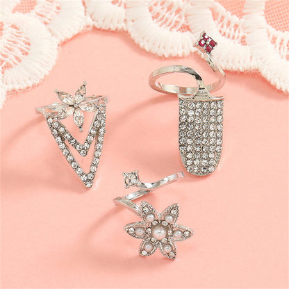 Pearl and Cubic Zirconia Flower Midi Ring Set, statement rings for women, botanical inspired, front view