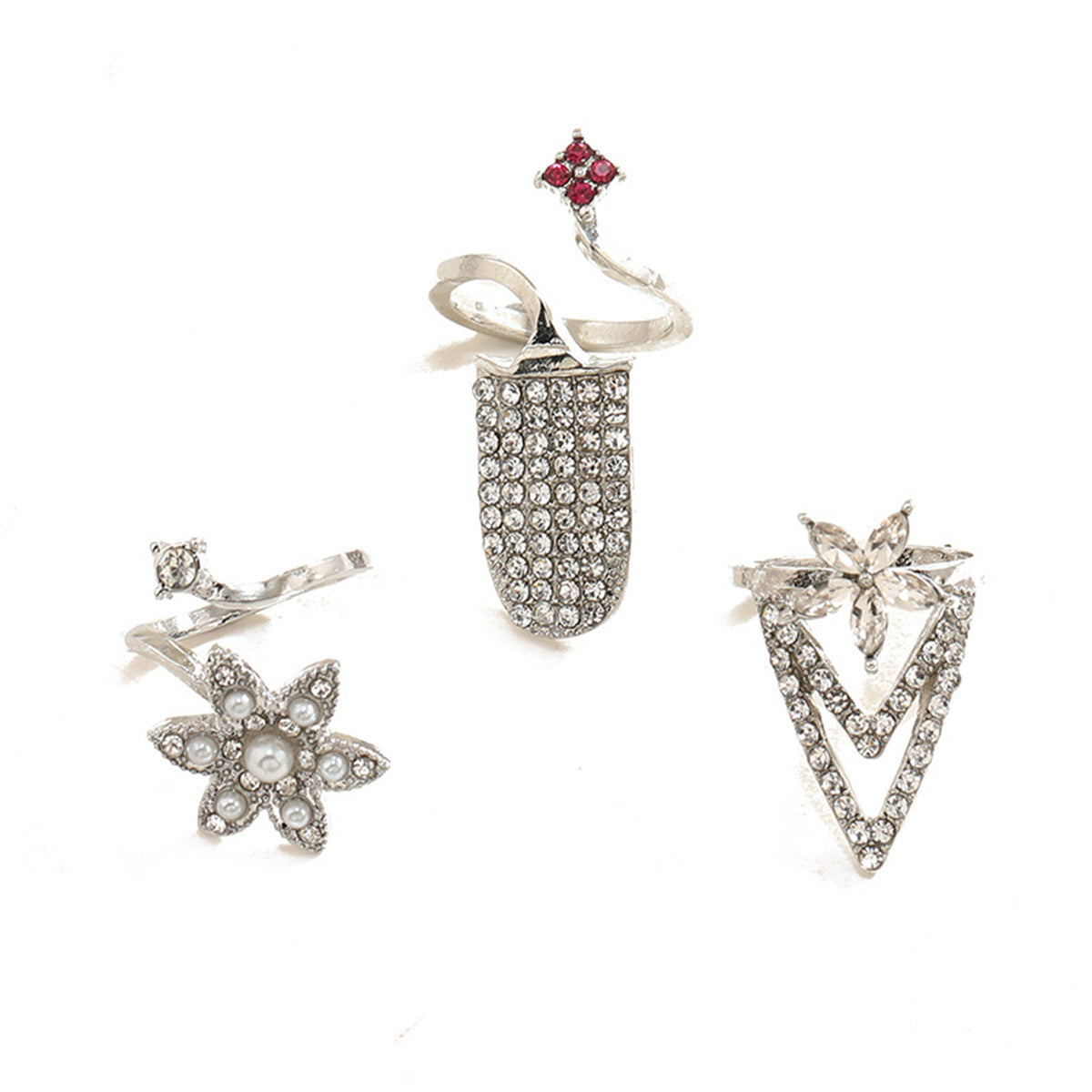 Pearl and Cubic Zirconia Flower Midi Ring Set, statement rings for women, botanical inspired, detail close-up