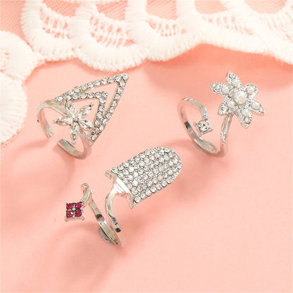 Pearl and Cubic Zirconia Flower Midi Ring Set, statement rings for women, botanical inspired, side view