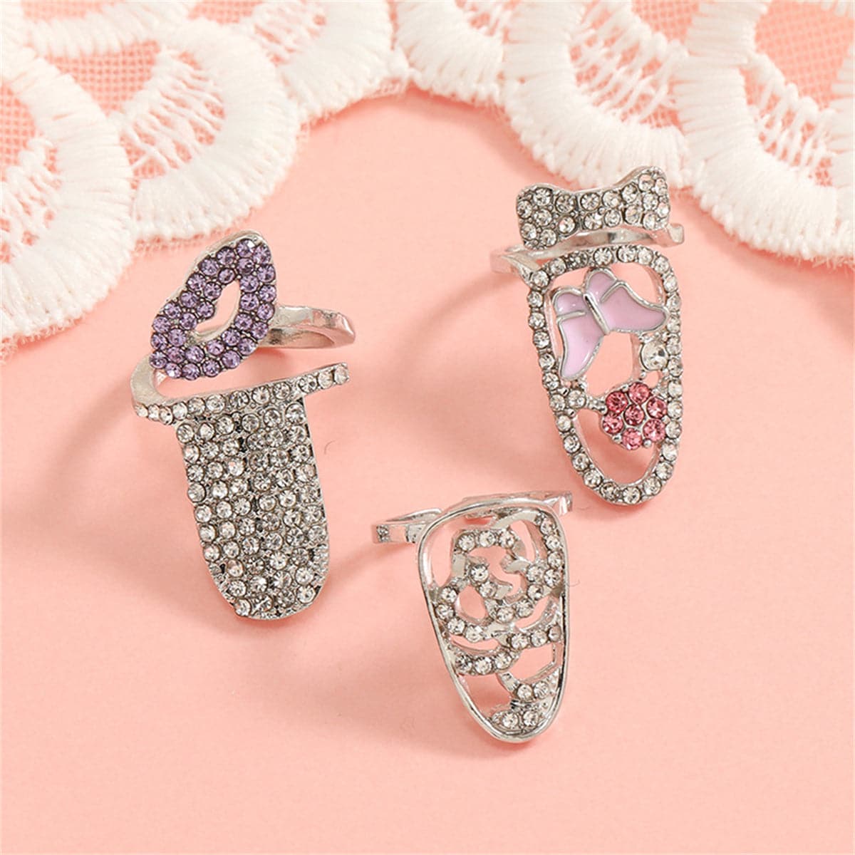 Purple and Clear Cubic Zirconia Lips Midi Ring Set, statement rings for women, elegant gift for her, front view