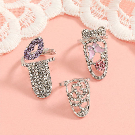 Purple and Clear Cubic Zirconia Lips Midi Ring Set, statement rings for women, elegant gift for her, front view