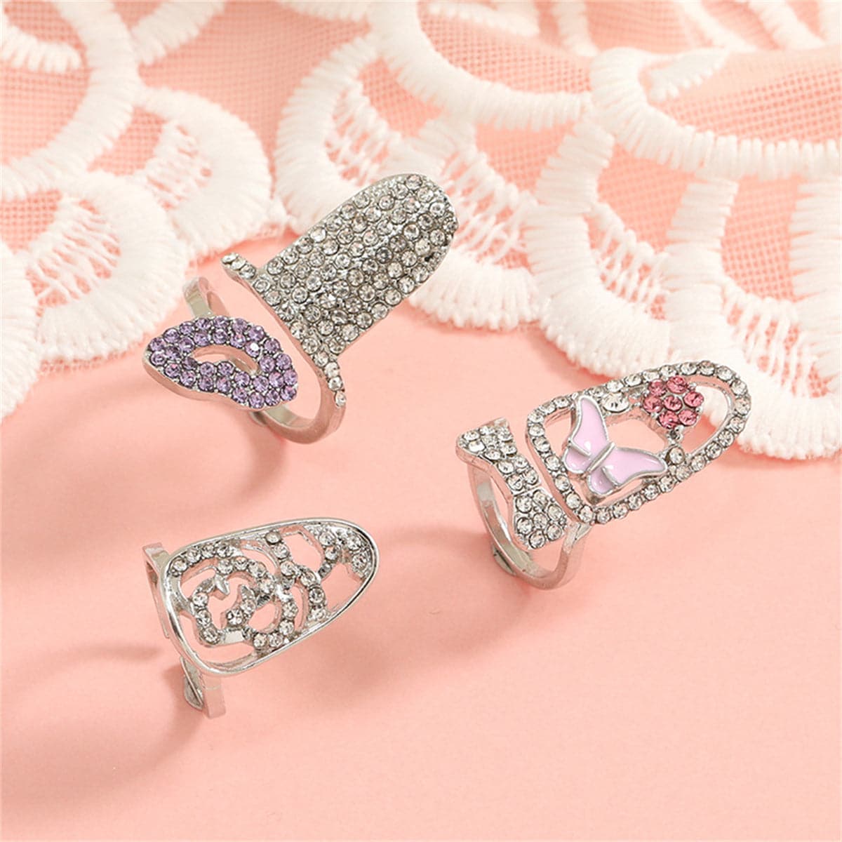 Purple and Clear Cubic Zirconia Lips Midi Ring Set, statement rings for women, elegant gift for her, side view