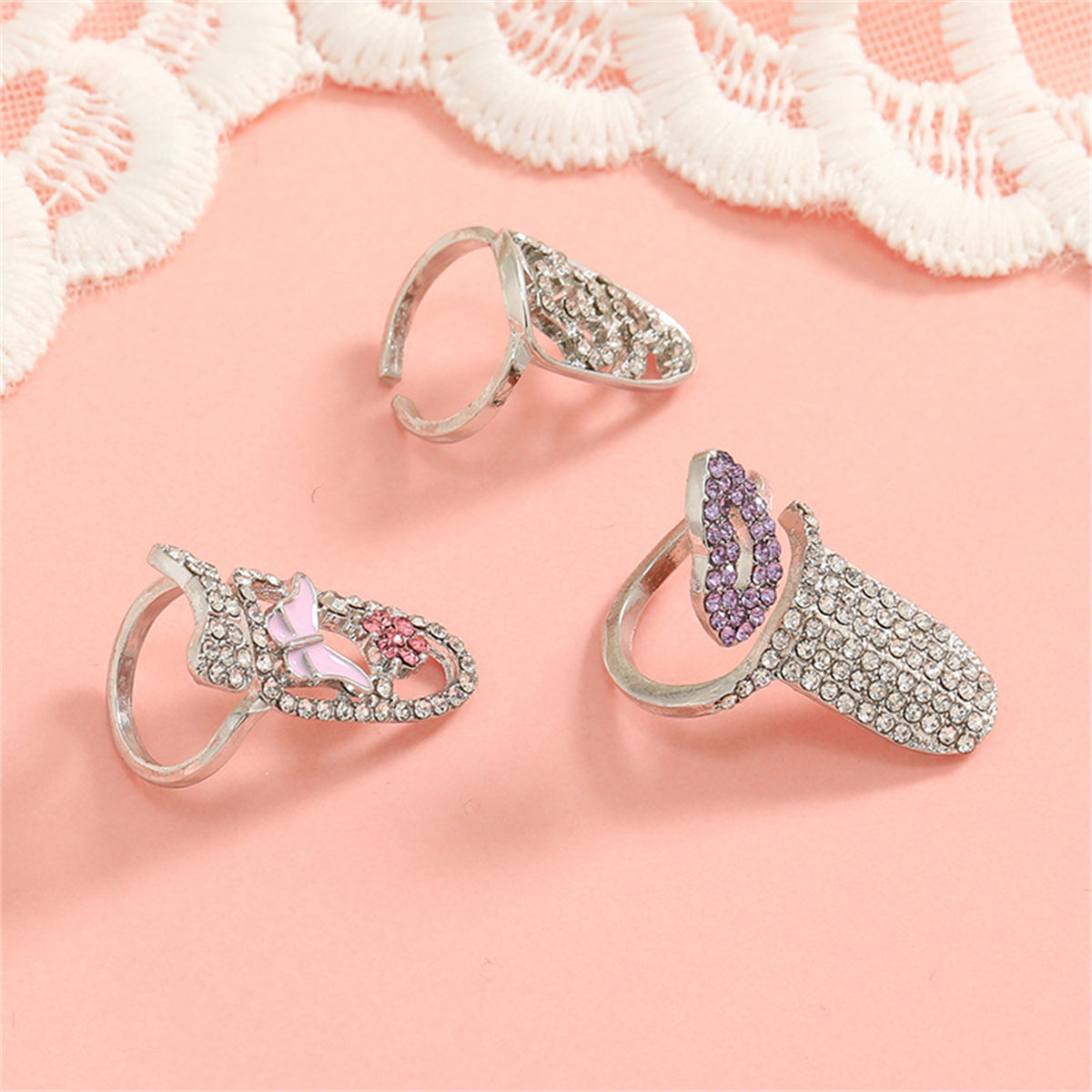 Purple and Clear Cubic Zirconia Lips Midi Ring Set, statement rings for women, elegant gift for her, lifestyle look
