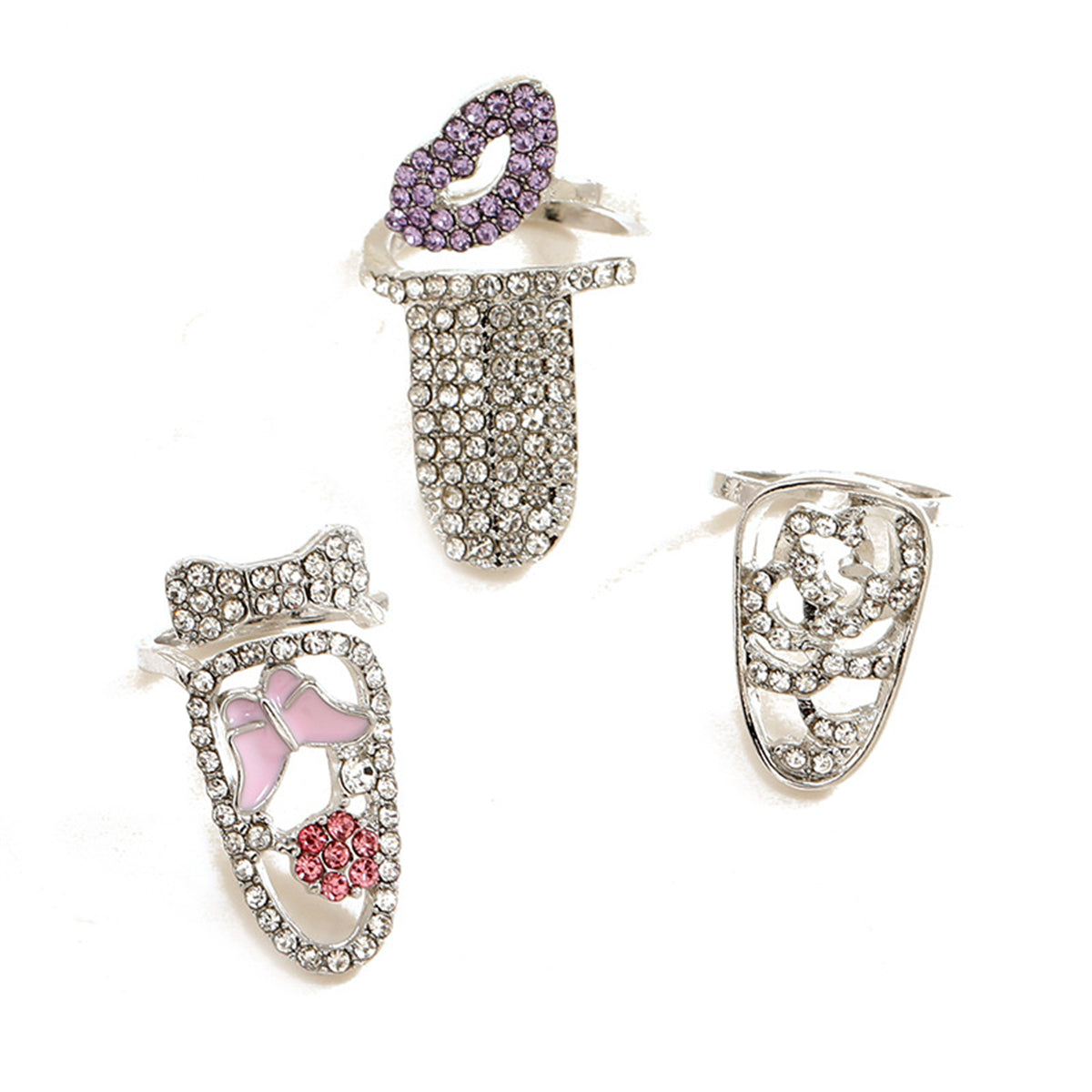 Purple and Clear Cubic Zirconia Lips Midi Ring Set, statement rings for women, elegant gift for her, detail close-up