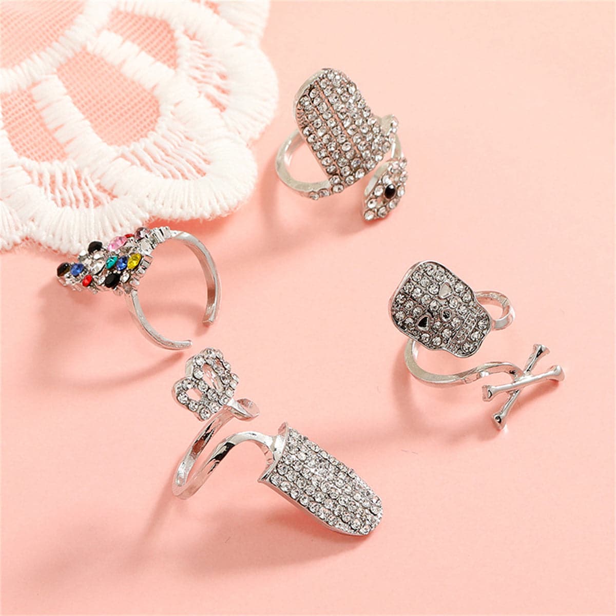 Cubic Zirconia and Silver-Plated Skull Crown Midi Ring Set, silver statement rings for women, lifestyle look