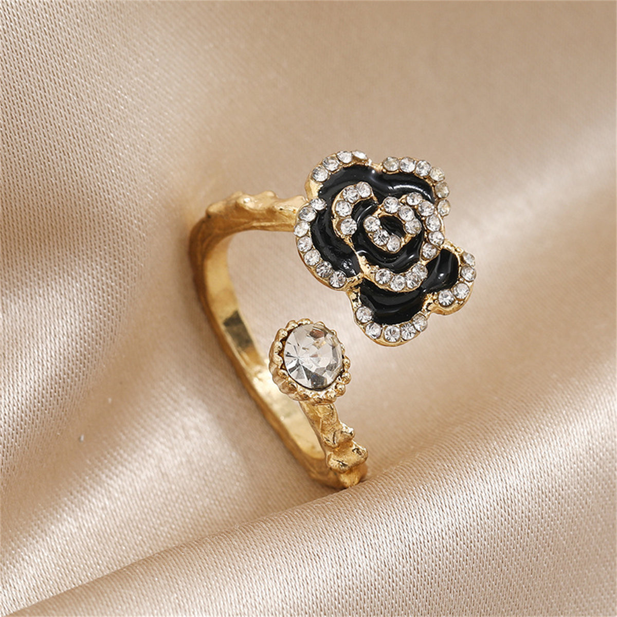 Cubic Zirconia and Enamel 18K Gold-Plated Floral Camellia Bypass Ring, gold statement rings for women, side view