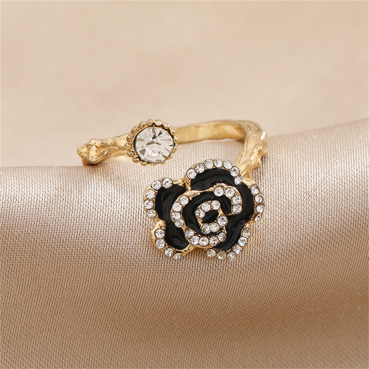 Cubic Zirconia and Enamel 18K Gold-Plated Floral Camellia Bypass Ring, gold statement rings for women, detail close-up