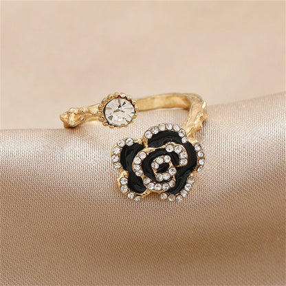 Cubic Zirconia and Enamel 18K Gold-Plated Floral Camellia Bypass Ring, gold statement rings for women, detail close-up