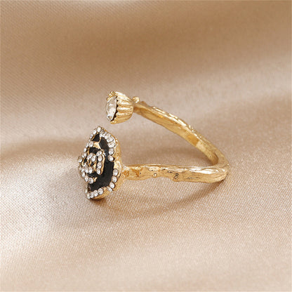 Cubic Zirconia and Enamel 18K Gold-Plated Floral Camellia Bypass Ring, gold statement rings for women, lifestyle look