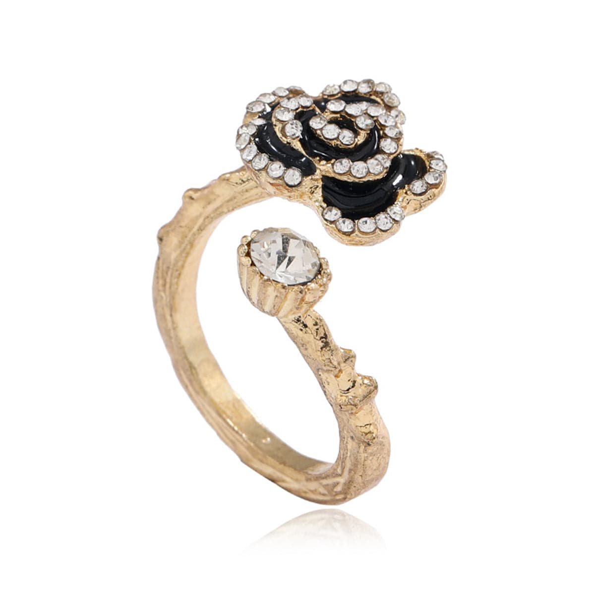 Cubic Zirconia and Enamel 18K Gold-Plated Floral Camellia Bypass Ring, gold statement rings for women, front view