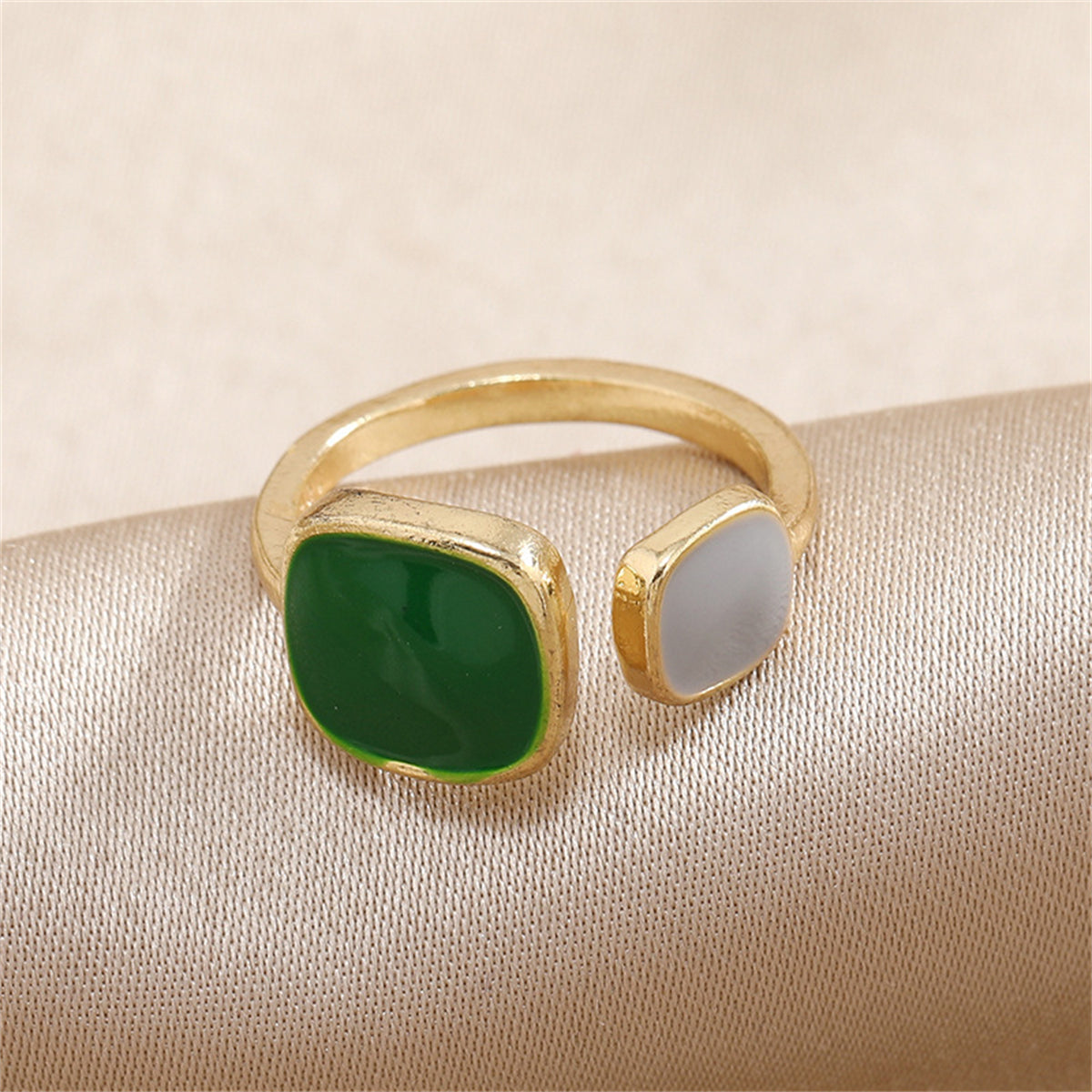 Green Enamel and 18K Gold-Plated Square Bypass Ring, gold statement rings for women, elegant gift for her, front view
