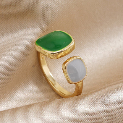 Green Enamel and 18K Gold-Plated Square Bypass Ring, gold statement rings for women, elegant gift for her, detail close-up