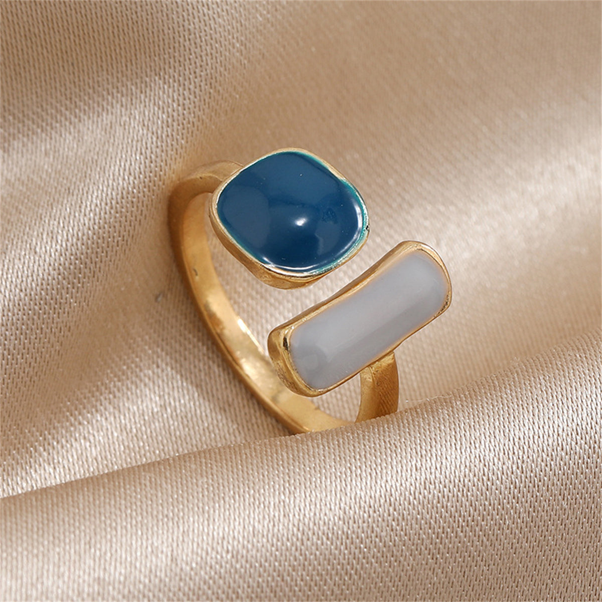 Navy Enamel and 18K Gold-Plated Bar Open Ring, gold statement rings for women, everyday style, front view