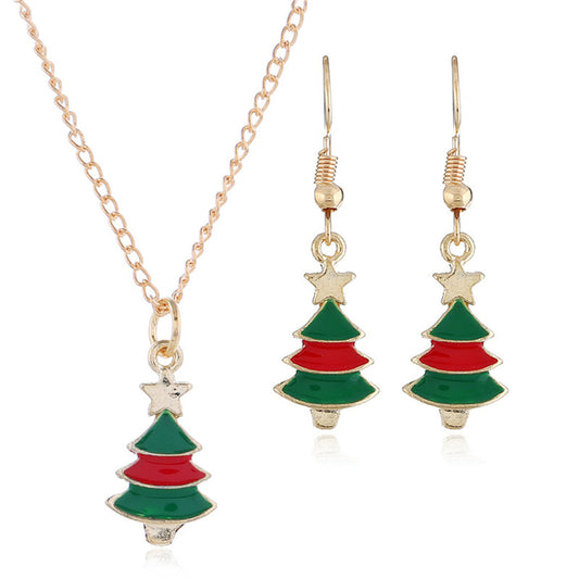 Green Enamel and 18K Gold-Plated Christmas Tree Pendant Necklace Set, gold drop earrings for women, front view