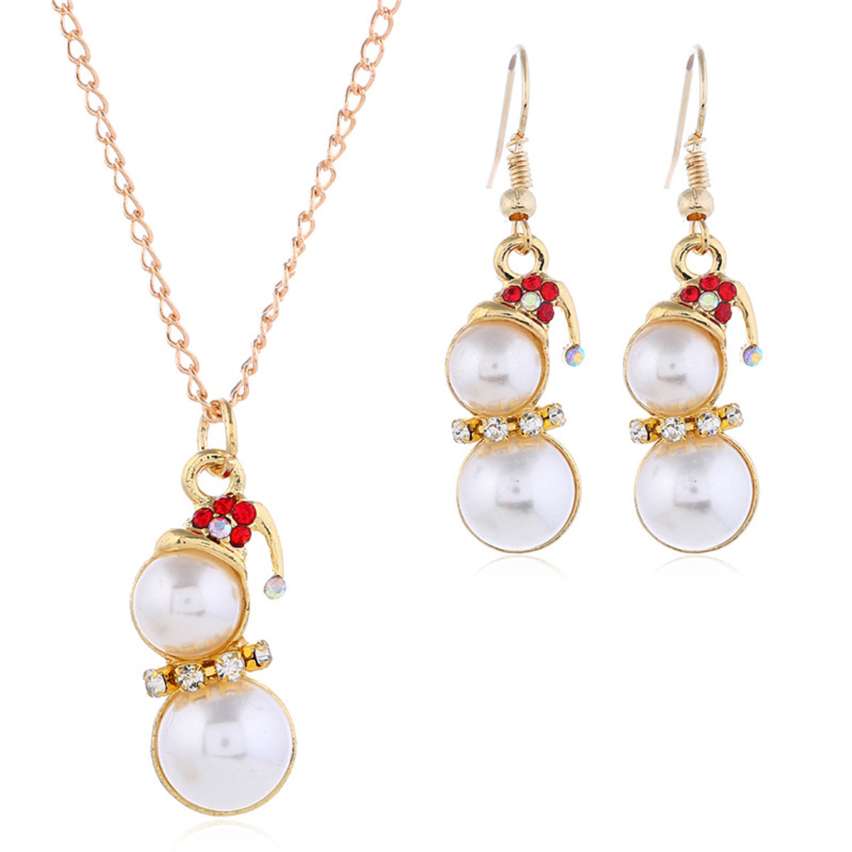 Red Cubic Zirconia and Pearl 18K Gold-Plated Snowman Pendant Necklace Set, gold drop earrings for women, front view