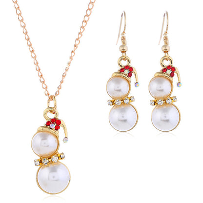 Red Cubic Zirconia and Pearl 18K Gold-Plated Snowman Pendant Necklace Set, gold drop earrings for women, front view
